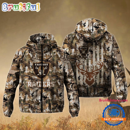 NFL Las Vegas Raiders Football Camo Hunting Deer Windbreaker Outdoor Jacket