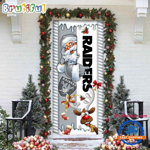 NFL Las Vegas Raiders Santa Reindeer Merry Christmas Door Cover, Football Christmas Home Decor