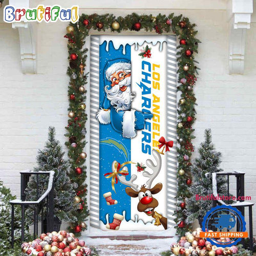 NFL Los Angeles Chargers Santa Reindeer Merry Christmas Door Cover, Football Christmas Home Decor