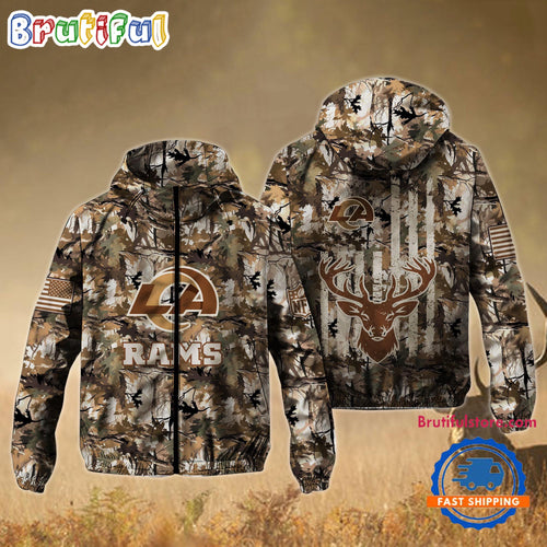 NFL Los Angeles Rams Football Camo Hunting Deer Windbreaker Outdoor Jacket