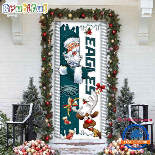 NFL Philadelphia Eagles Santa Reindeer Merry Christmas Door Cover, Football Christmas Home Decor