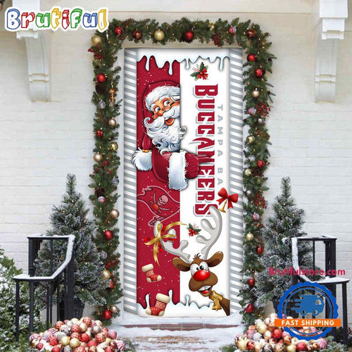 NFL Tampa Bay Buccaneers Santa Reindeer Merry Christmas Door Cover, Football Christmas Home Decor