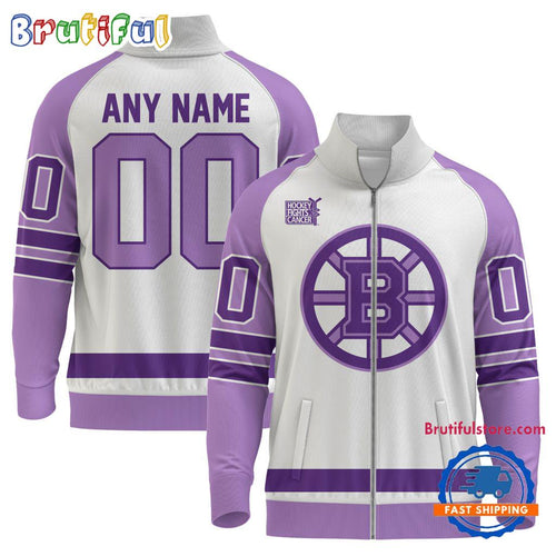NHL Boston Bruins Special Hockey Fight Cancer Standing Neck Zipper Jacket