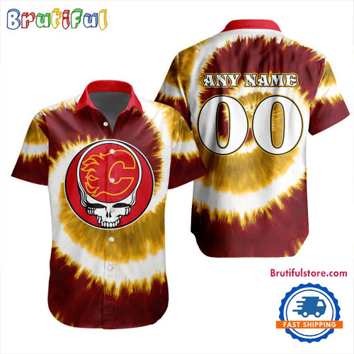 NHL Calgary Flames Grateful Dead Tie-Dye Hawaiian Design Button Shirt