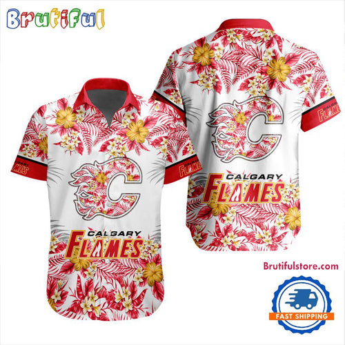 NHL Calgary Flames Special Flower Tropical Design Hawaiian Button Shirt