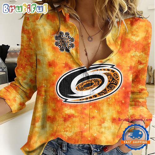 NHL Carolina Hurricanes Hockey Team Orange Design Women’s Casual Shirt