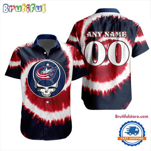 NHL Columbus Blue Jackets Grateful Dead Tie-Dye Hawaiian Design Button Shirt
