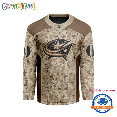 NHL Columbus Blue Jackets Special Veterans Military Desert Camouflage Design Hockey Jersey
