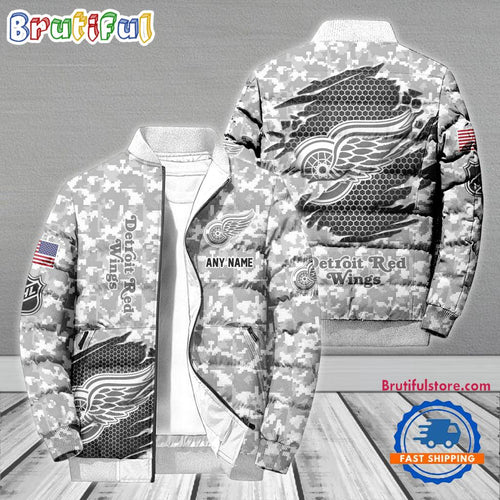 NHL Detroit Red Wings Special Camo Honor Veterans Puffer Jacket, Hockey Team Design Jacket