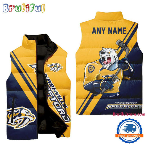 NHL Nashville Predators Custom Name Sleeveless Puffer Jacket, Hockey Team Jacket Fans Gifts
