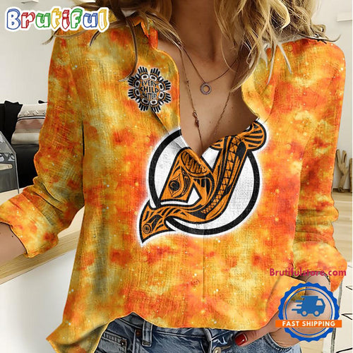 NHL New Jersey Devils Hockey Team Orange Design Women’s Casual Shirt