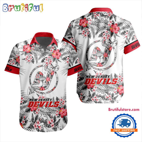 NHL New Jersey Devils Special Flower Tropical Design Hawaiian Button Shirt