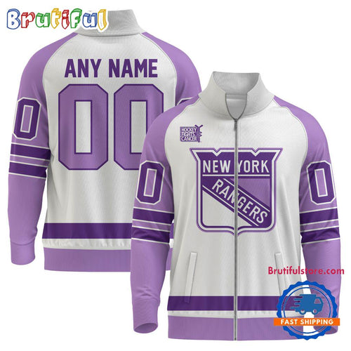 NHL New York Rangers Special Hockey Fight Cancer Standing Neck Zipper Jacket