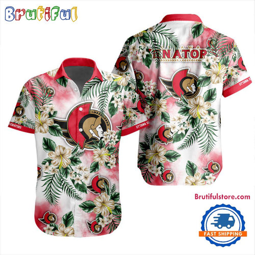 NHL Ottawa Senators Hockey Tropical Flower Hawaiian Design Button Shirt