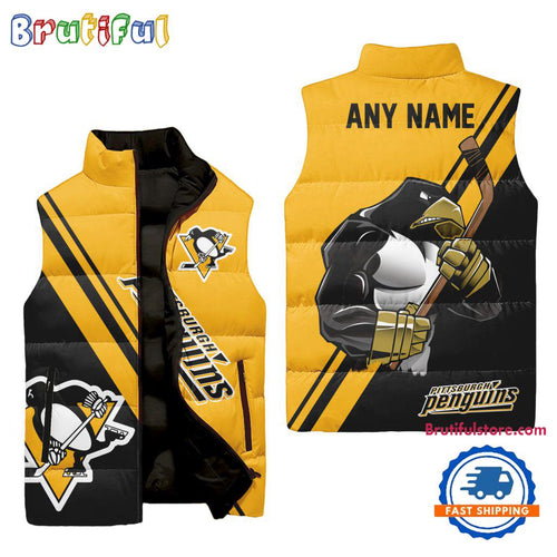 NHL Pittsburgh Penguins Custom Name Sleeveless Puffer Jacket, Hockey Team Jacket Fans Gifts