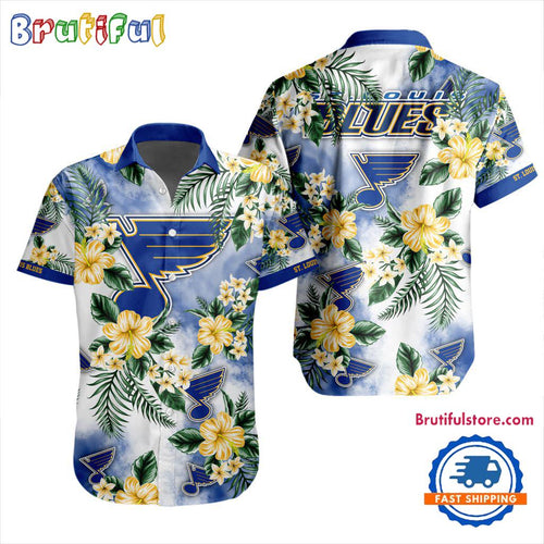 NHL St. Louis Blues Hockey Tropical Flower Hawaiian Design Button Shirt