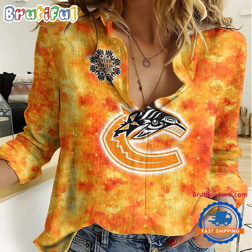 NHL Vancouver Canucks Hockey Team Orange Design Women’s Casual Shirt