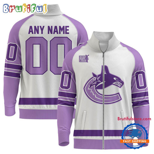 NHL Vancouver Canucks Special Hockey Fight Cancer Standing Neck Zipper Jacket