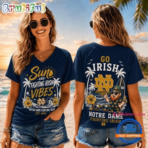 Notre Dame Fighting Irish NCAA Sunset and Beach Vibes V neck T Shirt