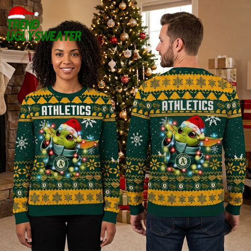 Oakland Athletics Baby Yoda Christmas Lights Ugly Christmas Sweater
