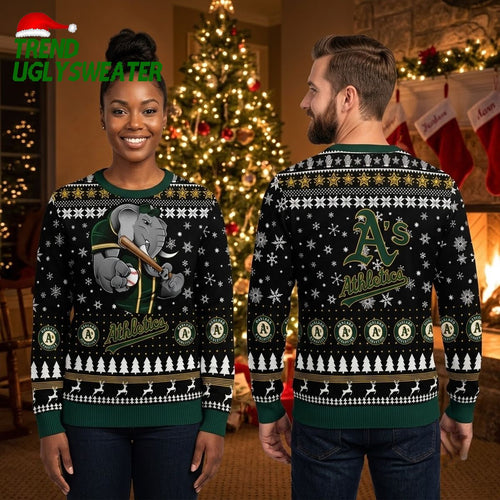 Oakland Athletics Elephant Mascot Baseball Bat Ugly Christmas Sweater