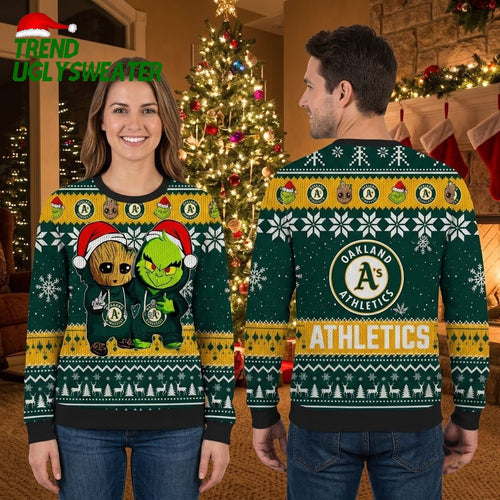 Oakland Athletics Groot And Grinch Santa Hat Ugly Christmas Sweater