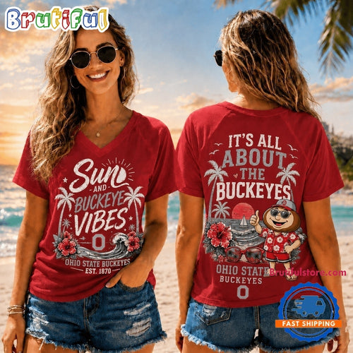 Ohio State Buckeyes NCAA Sunset and Beach Vibes V neck T Shirt