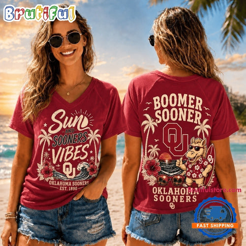 Oklahoma Sooners NCAA Sunset and Beach Vibes V neck T Shirt