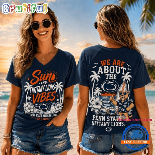 Penn State Nittany Lions NCAA Sunset and Beach Vibes V neck T Shirt