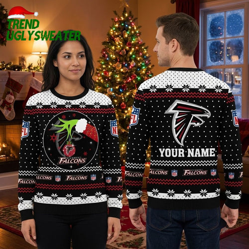 Personalized Atlanta Falcons Grinch Hands Custom Name Ugly Christmas Sweater