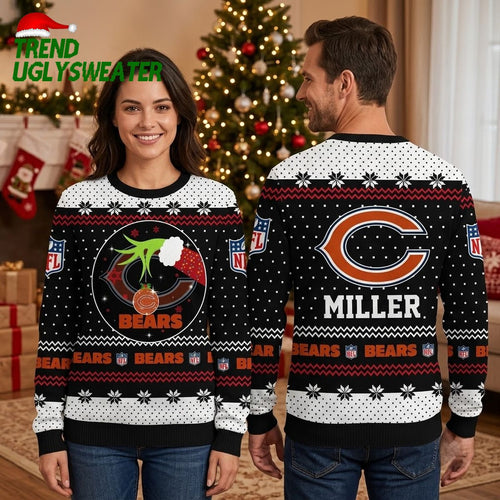 Personalized Chicago Bears Grinch Hands Custom Name Ugly Christmas Sweater