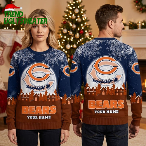 Personalized Chicago Bears Snowy Village Custom Name Ugly Christmas Sweater