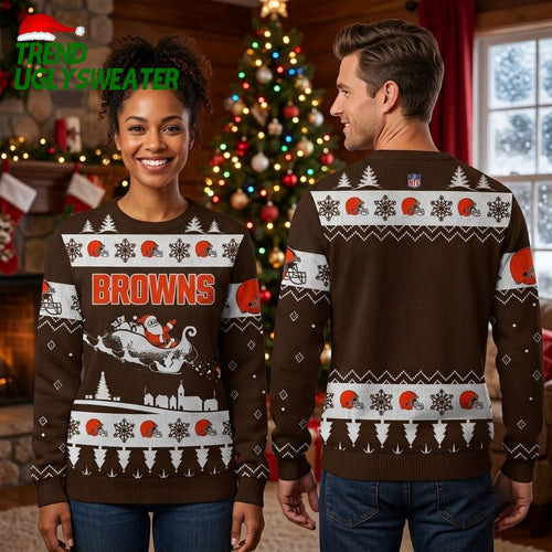 Personalized Cleveland Browns Football Helmet Snowy Village Custom Name Ugly Christmas Sweater
