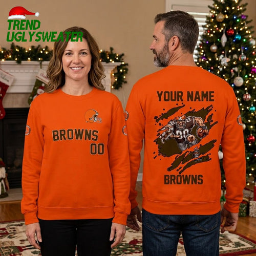 Personalized Cleveland Browns Rushing Football Player Custom Name And Number Ugly Christmas Sweater