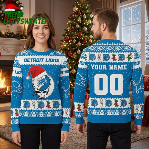 Personalized Detroit Lions Santa Hat Skull Custom Name And Number Ugly Christmas Sweater