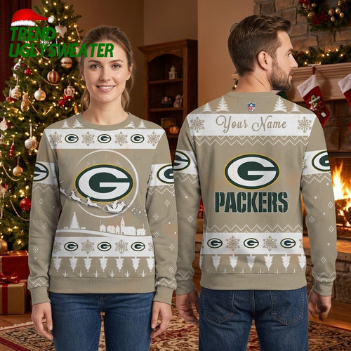 Personalized Green Bay Packers Santa Sleigh Custom Name Ugly Christmas Sweater