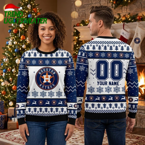 Personalized Houston Astros Reindeer And Snowflake Custom Name And Number Ugly Christmas Sweater