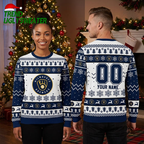 Personalized Milwaukee Brewers Snowflake Custom Name And Number Ugly Christmas Sweater