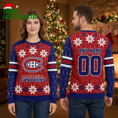Personalized Montreal Canadiens Snowflake Custom Name And Number Ugly Christmas Sweater