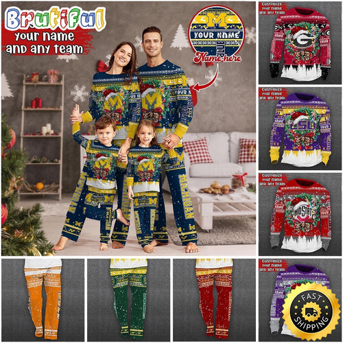 Personalized NCAA Customized Xmas Pajamas For Sports Fan, Custom Sport PJ For Family NA44873