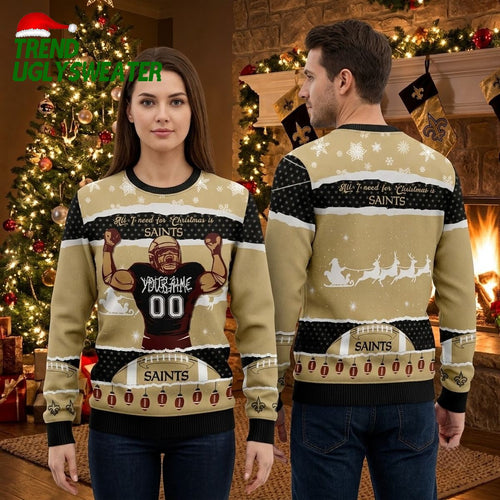 Personalized New Orleans Saints Custom Name Football Player Ugly Christmas Sweater
