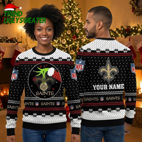 Personalized New Orleans Saints Fleur De Lis Custom Name Fan Gift Ugly Christmas Sweater