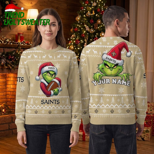 Personalized New Orleans Saints Grinch Football Custom Name Ugly Christmas Sweater