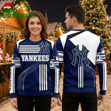 Personalized New York Yankees Striped Logo Custom Name Ugly Christmas Sweater