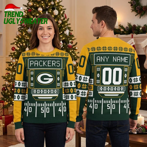 Personalized Packers Football Field Custom Name And Number Ugly Christmas Sweater