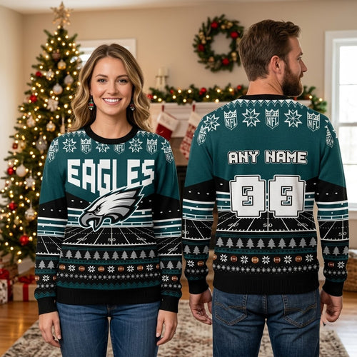 Personalized Philadelphia Eagles Football Field Custom Name And Number Ugly Christmas Sweater