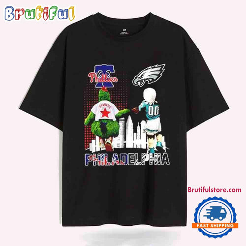 Philadelphia Phillies and Philadelphia Eagles Mascot City Skyline T-Shirt