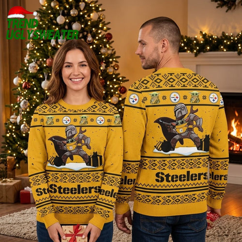 Pittsburgh Steelers Baby Yoda And Boba Fett Ugly Christmas Sweater