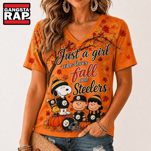 Pittsburgh Steelers NFL Snoopy Peanuts Fall Season V Neck T Shirt