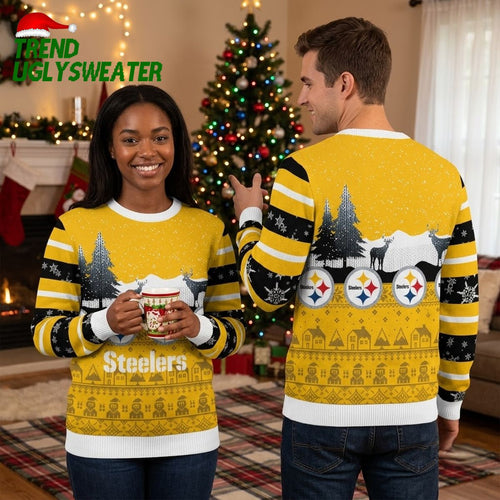 Pittsburgh Steelers Pine Trees And Reindeer Ugly Christmas Sweater